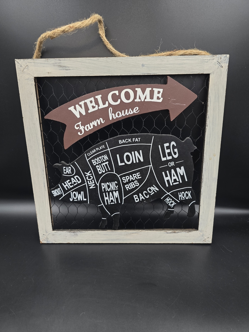 Welcome Farm House Pig Cut Chart Wall Art - Rustic White Frame, Black & Brown